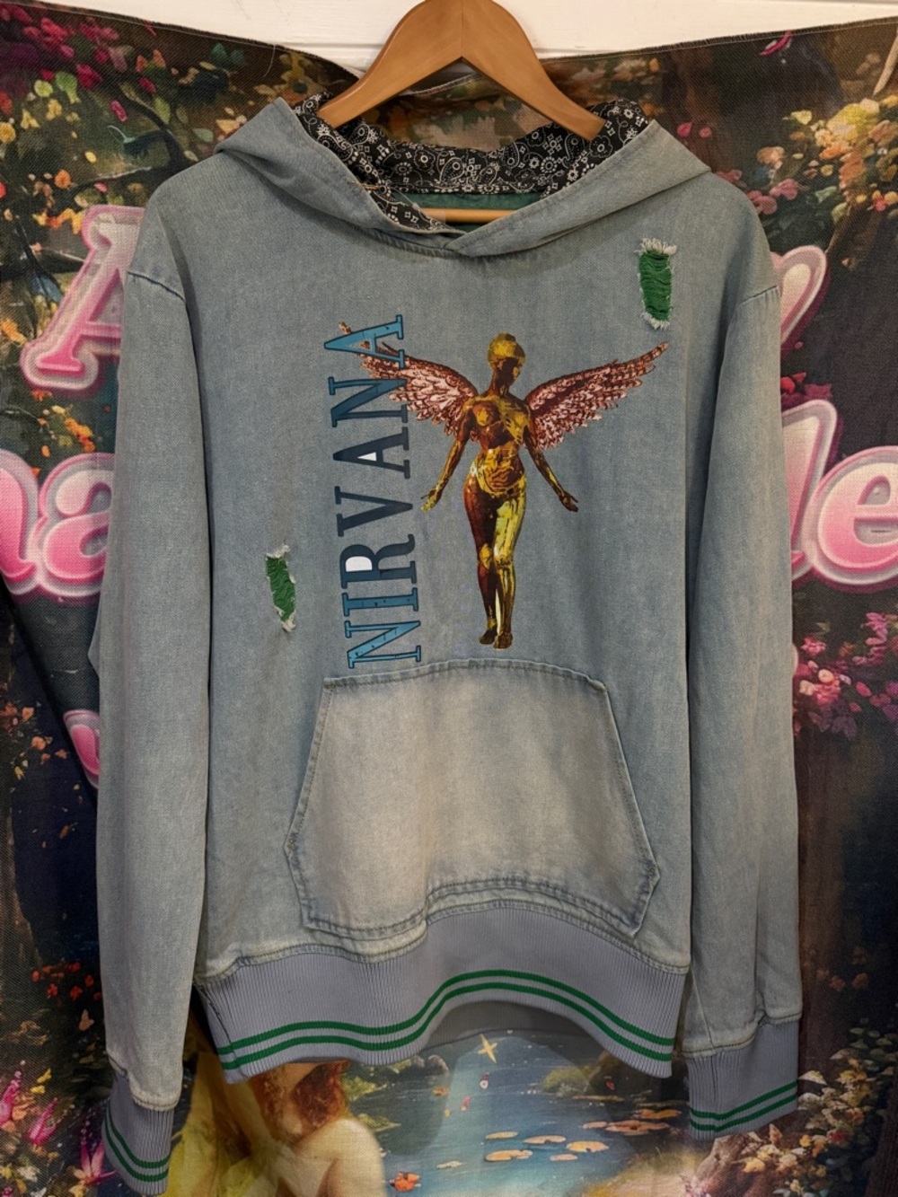 NIRVANA Light Denim Blue Hoodie with Gold Angel Graphic